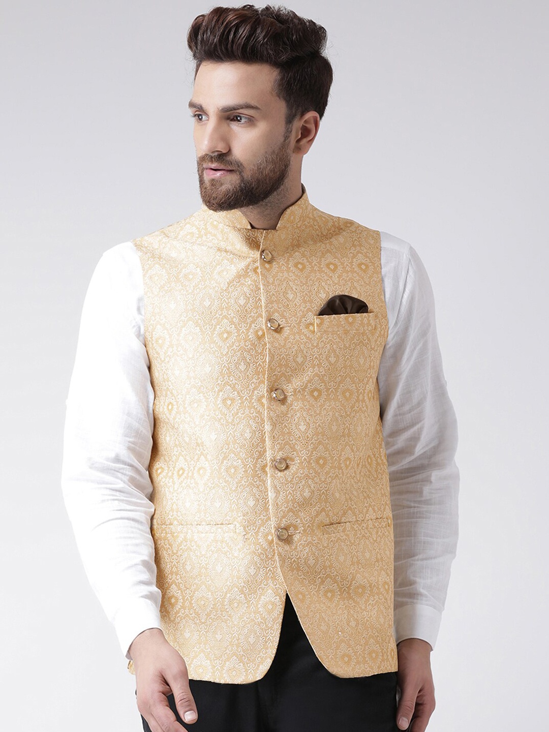 

hangup trend Men Printed Woven Nehru Jacket, Beige