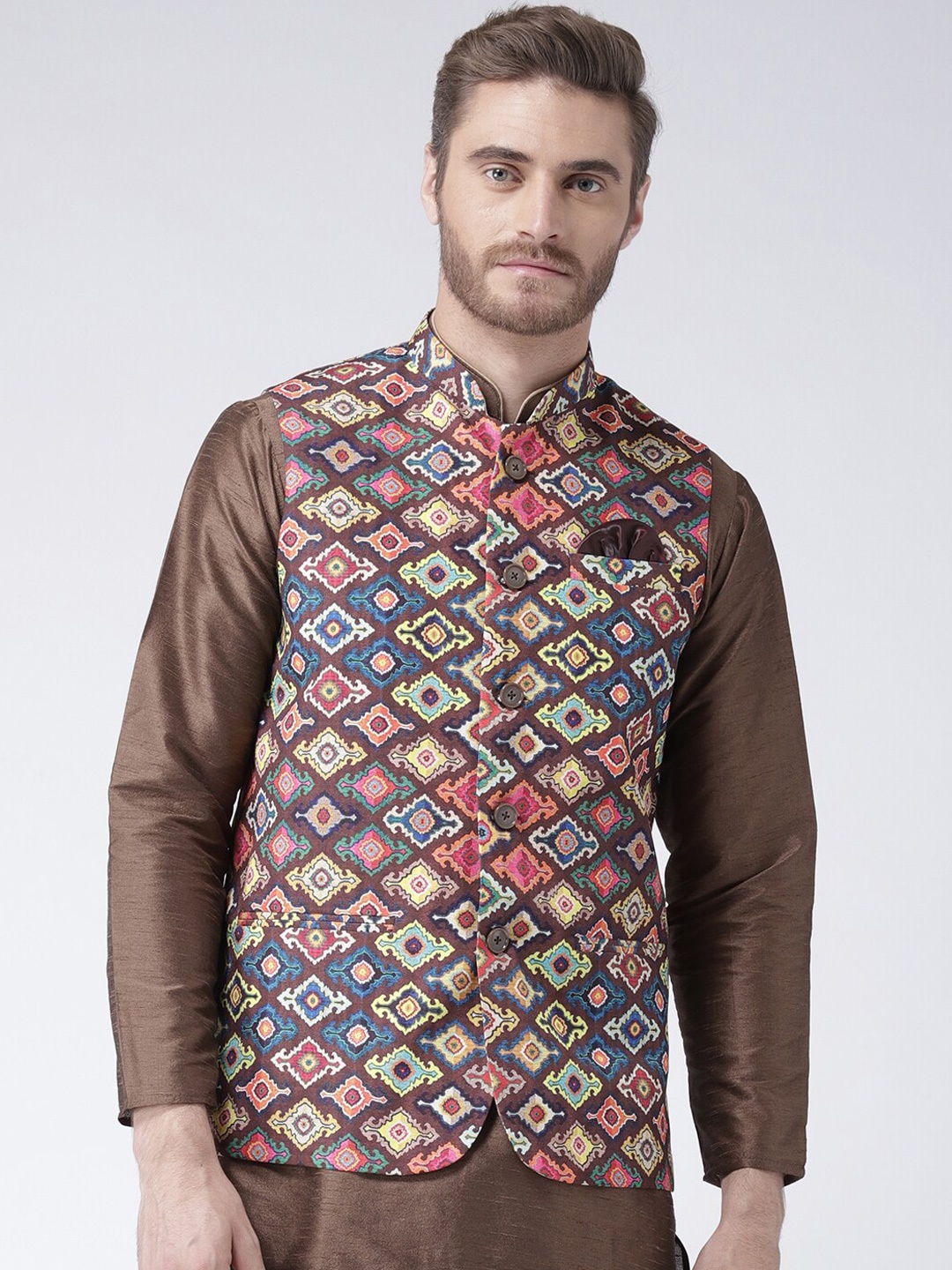 

hangup trend Men Printed Nehru Jacket, Brown