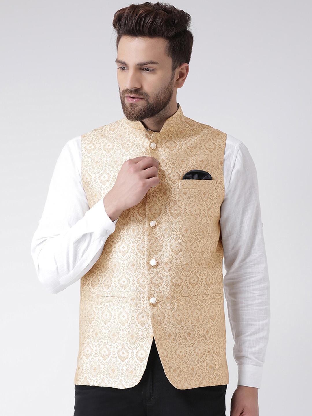 

hangup trend Men Woven Design Nehru Jacket, Beige