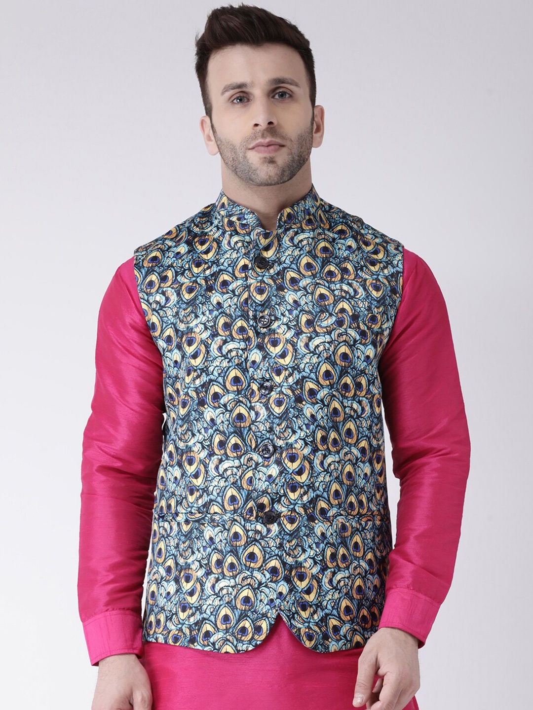 

hangup trend Men Printed Woven Nehru Jacket, Blue