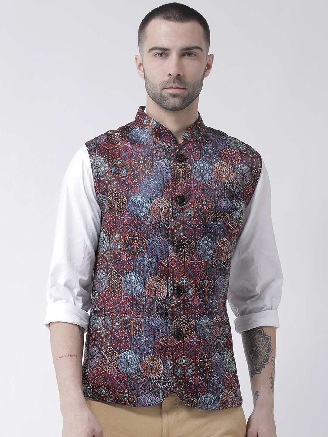 

hangup trend Men Printed Woven Nehru Jacket, Brown