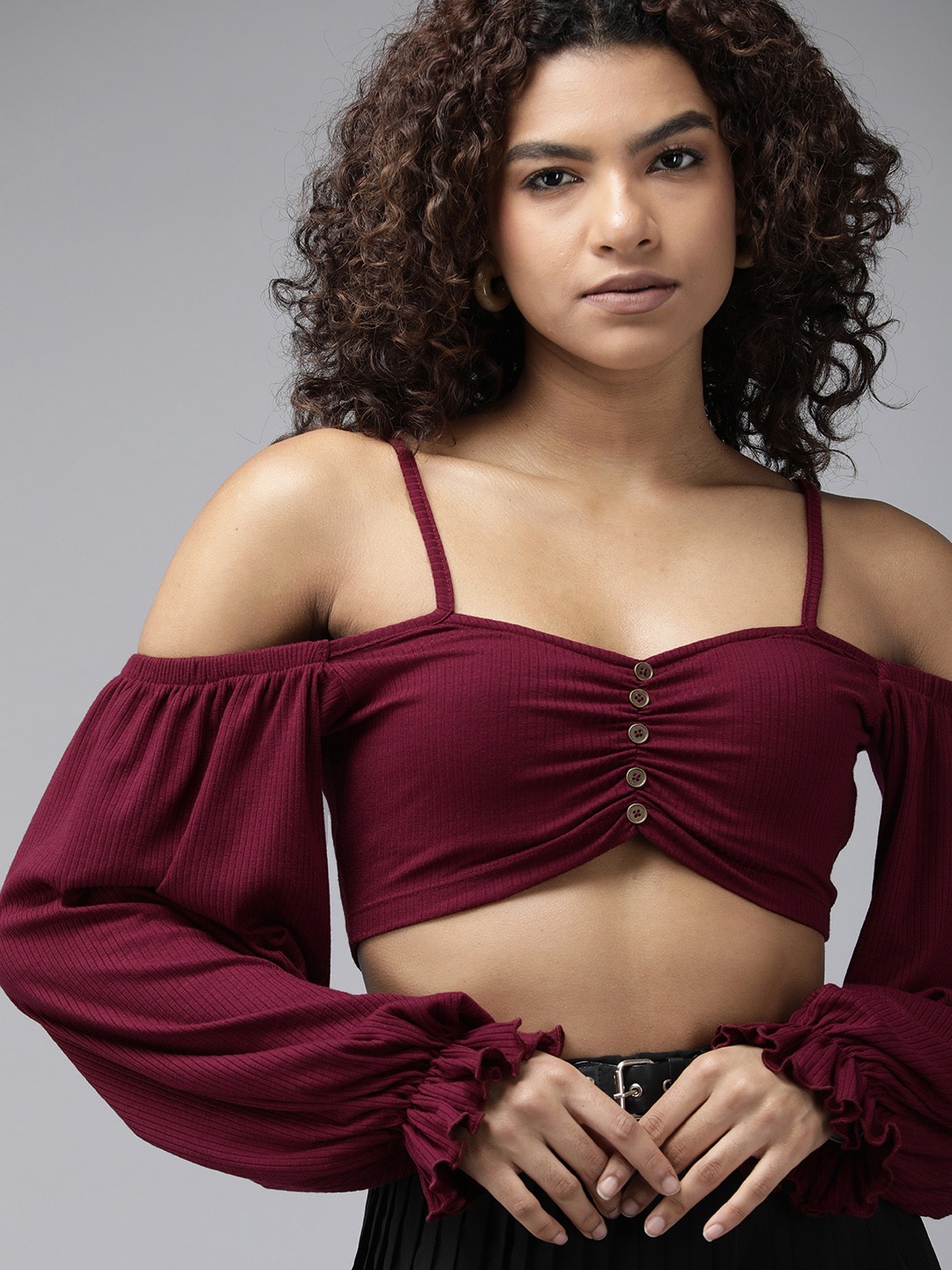 

The Roadster Lifestyle Co. Cold Shoulder Sleeves Crop Top, Burgundy