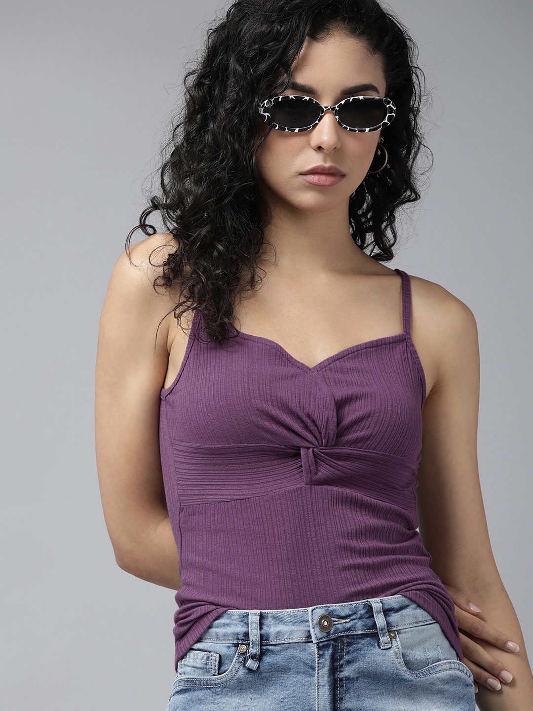 

The Roadster Lifestyle Co. Self Design Sleeveless Twisted Tank Top, Purple