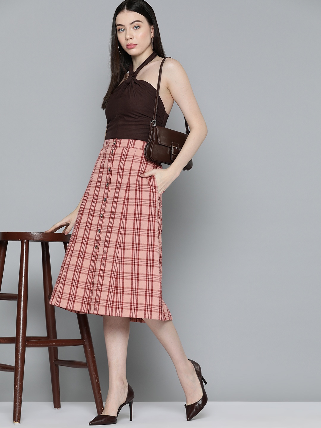 

Chemistry Women Cotton Checked A-Line Skirt, Rose