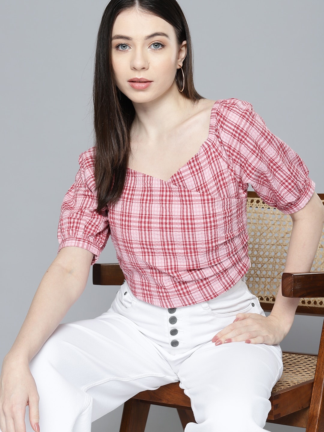 

Chemistry Checked Sweetheart Puff Sleeves Seersucker Pure Cotton Top, Pink