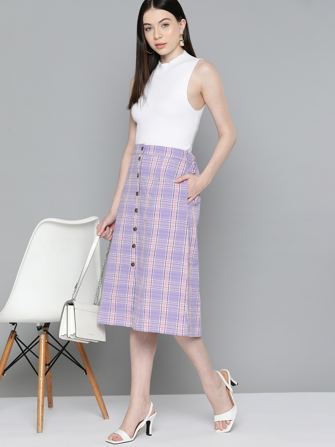 

Chemistry Cotton Checked Button Detail A-Line Skirt, Lavender