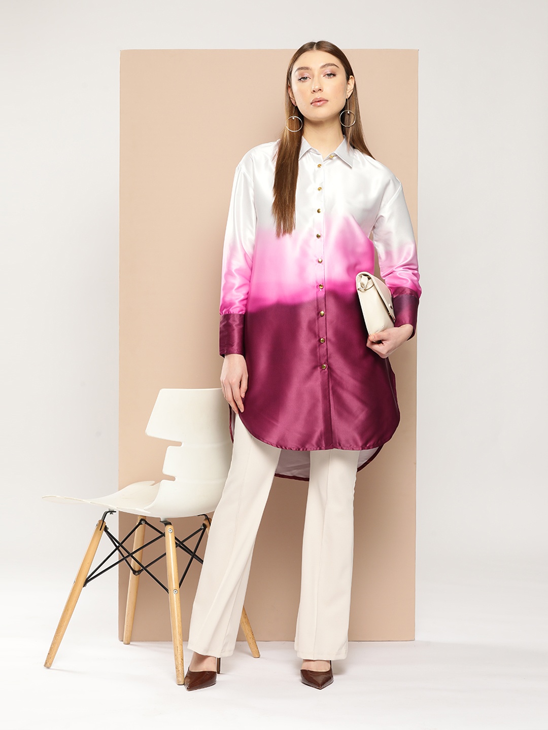 

Chemistry Ombre Satin-Finish Longline High-Low Shirt, Off white