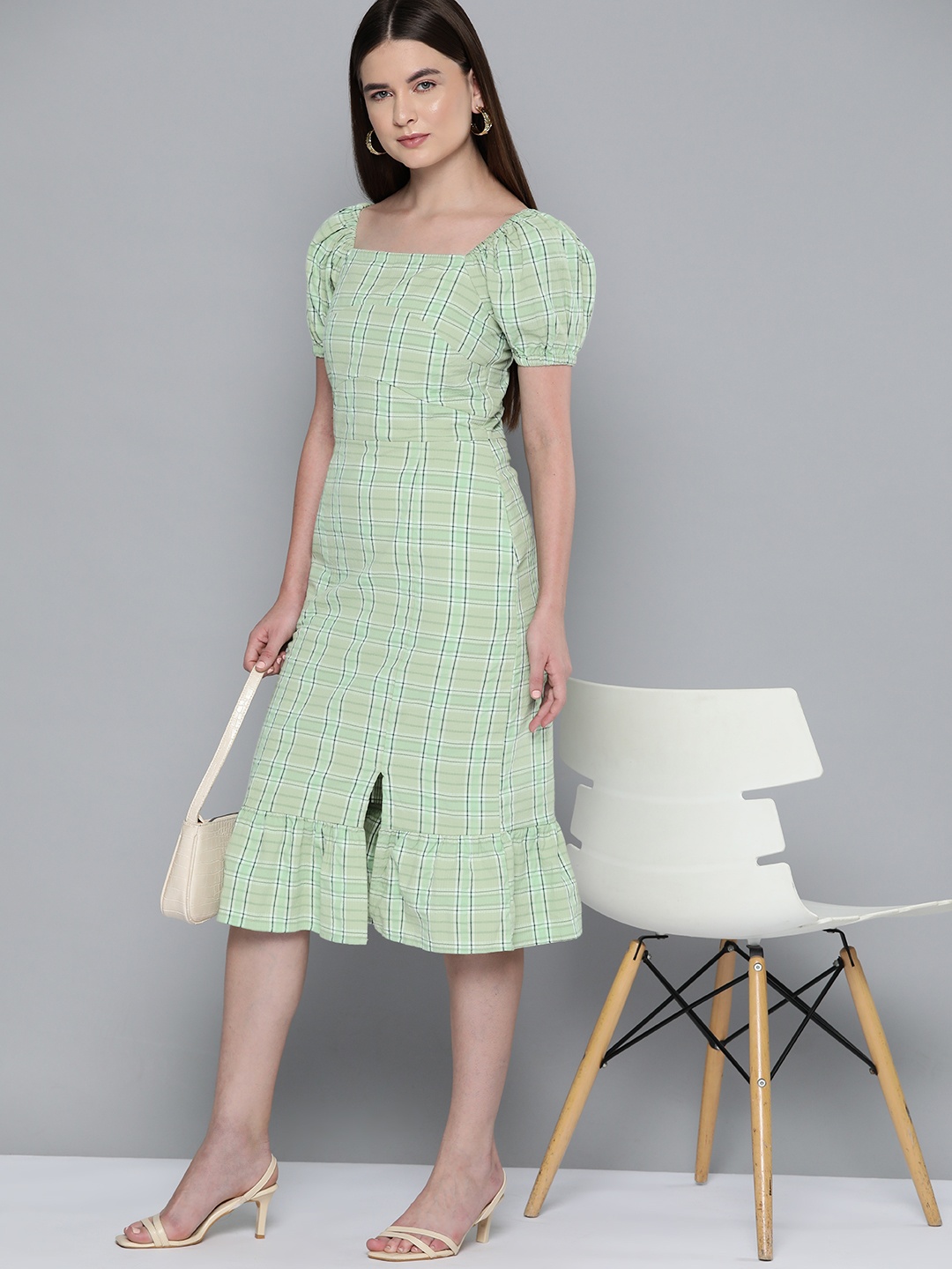 

Chemistry Checked Seersucker Sheath Midi Dress, Green