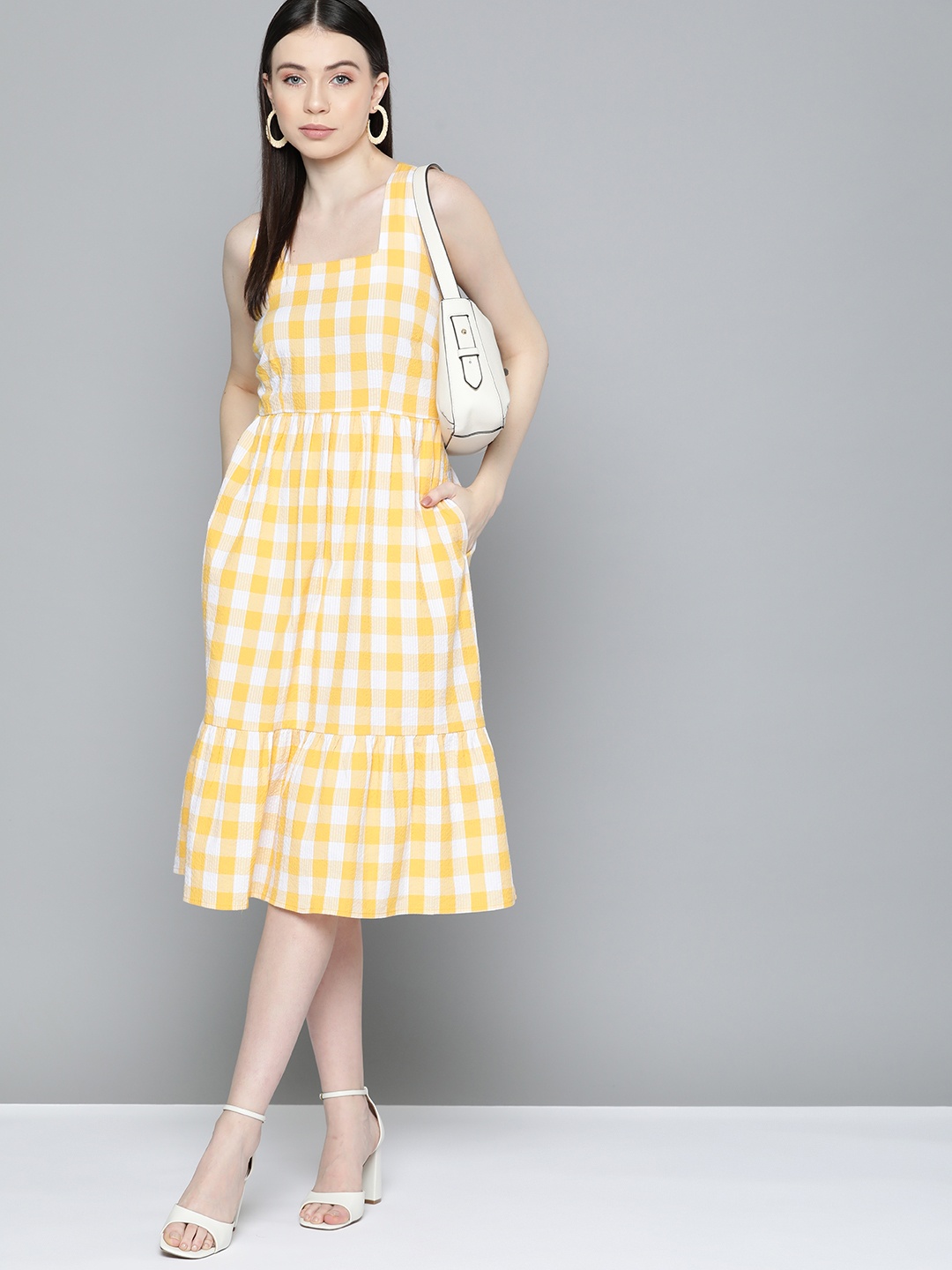 

Chemistry Checked Pure Cotton Seersucker A-Line Midi Dress, Yellow