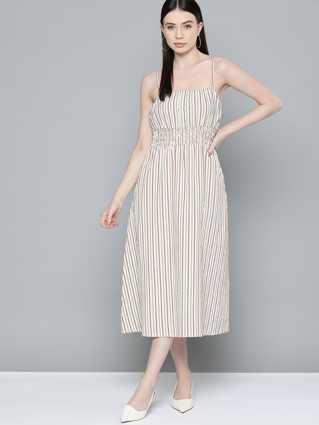 

Chemistry Striped Cotton Seersucker A-Line Midi Dress, Cream