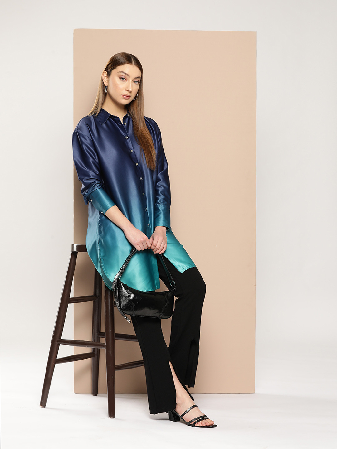 

Chemistry Ombre Satin-Finish Longline High-Low Shirt, Navy blue