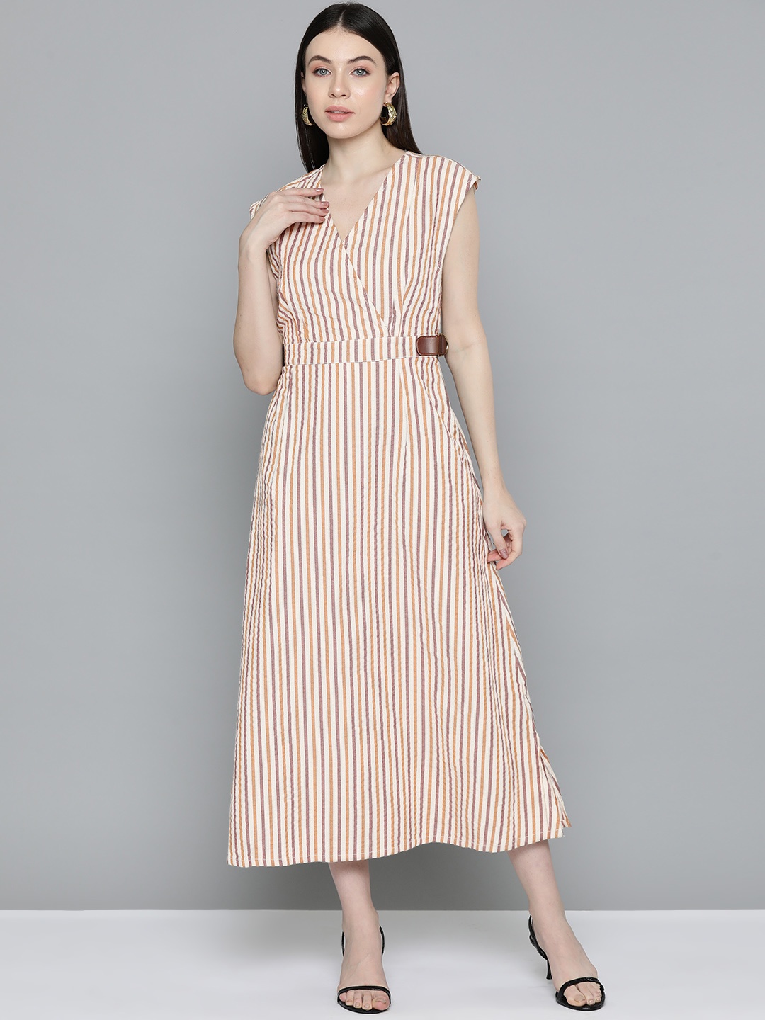 

Chemistry Striped Pure Cotton Midi Dress with Belted Detail, Beige