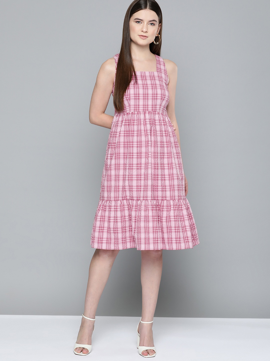 

Chemistry Checked Pure Cotton Seersucker A-Line Midi Dress, Pink