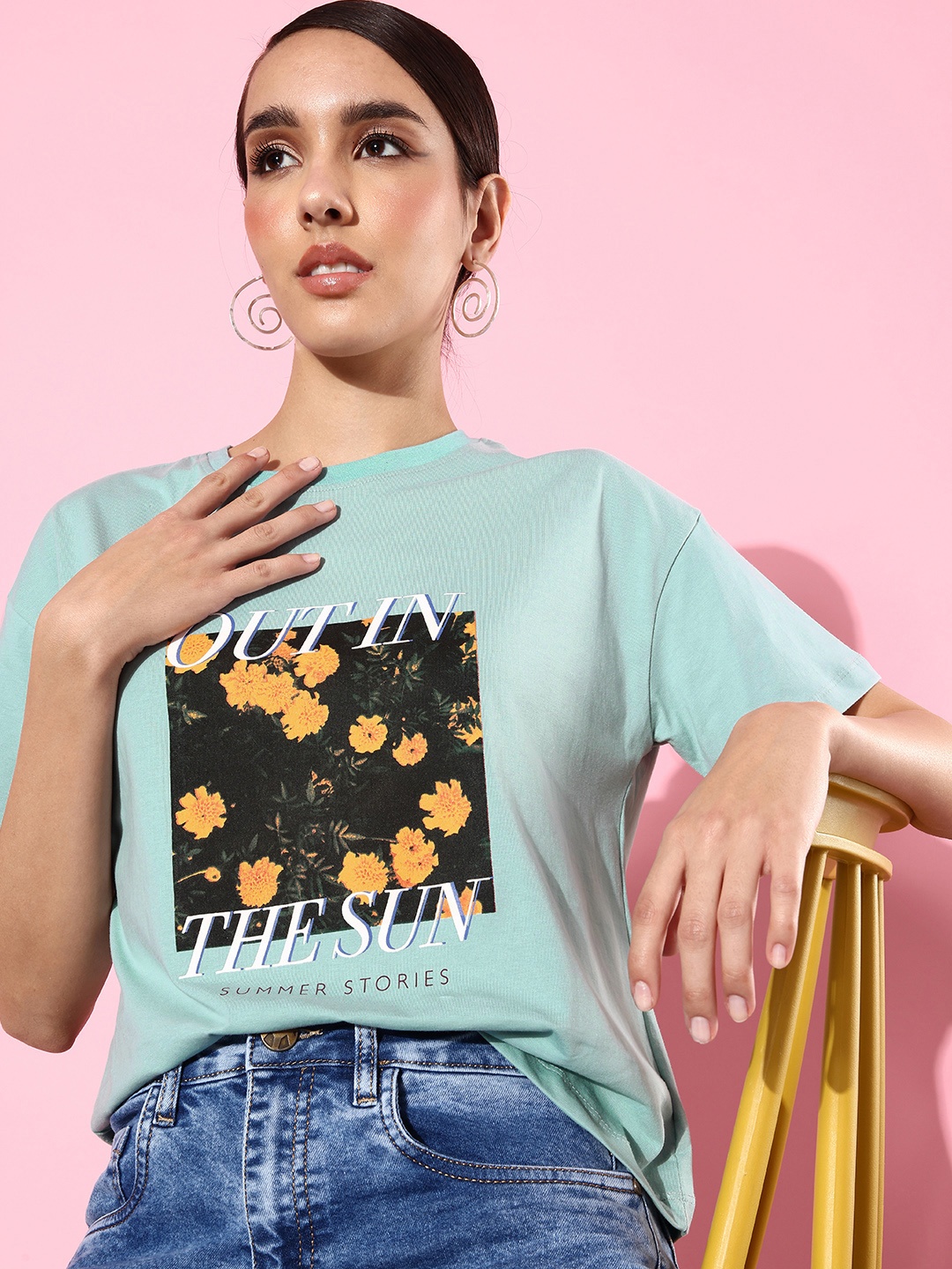 

Chemistry Powder Blue Vacay Chill Printed Drop-Shoulder Sleeves Pure Cotton T-shirt