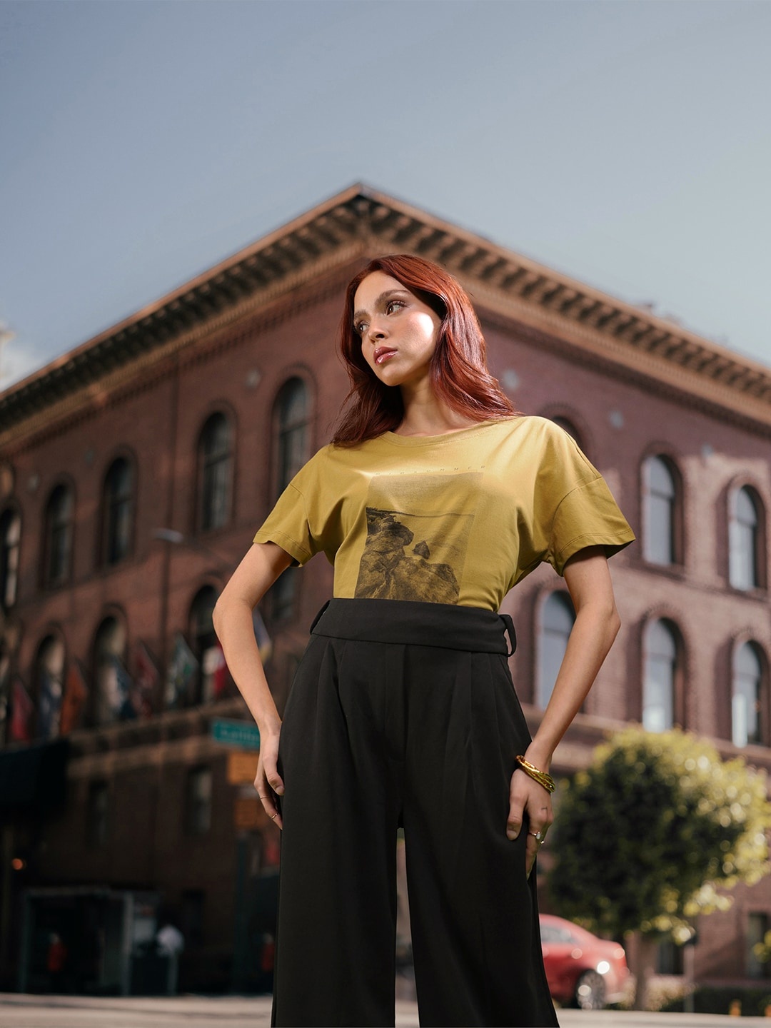 

Chemistry Printed Drop-Shoulder Sleeves Pure Cotton T-shirt, Mustard