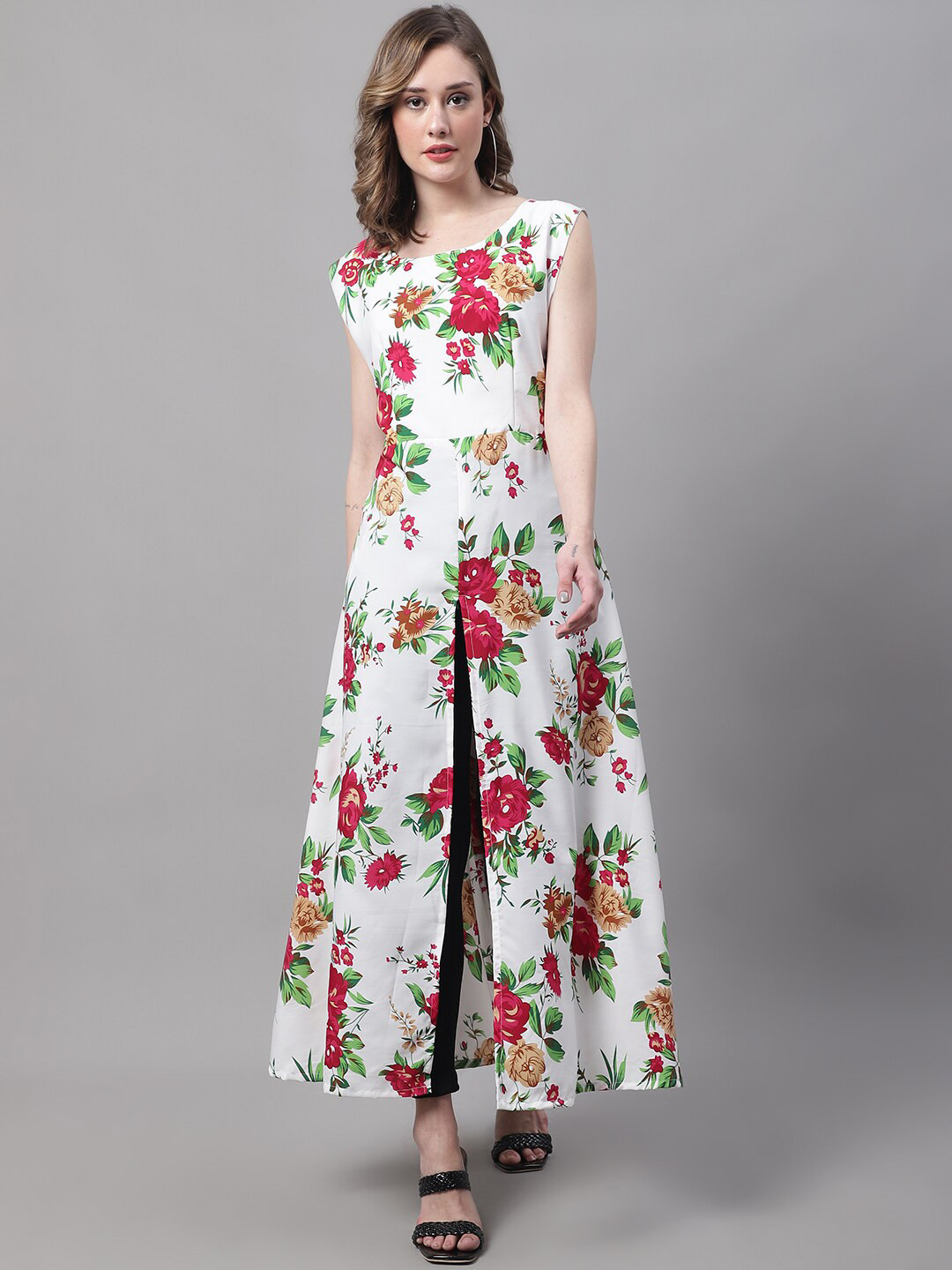 

NoBarr White & Pink Floral Printed Front Slit Kurta