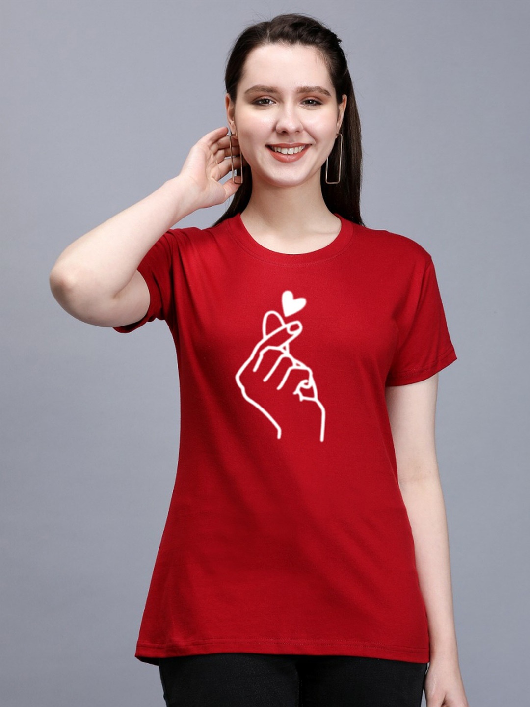 

TRENDY RABBIT Women Cotton Printed Round Neck T-shirt, Red