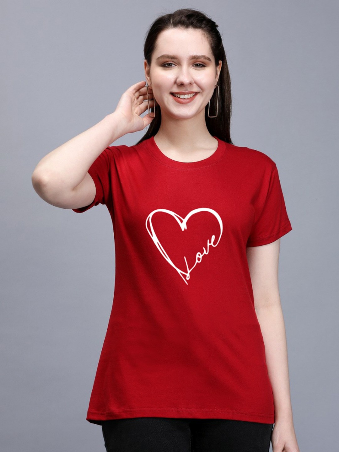 

TRENDY RABBIT Women Typography Printed Cotton T-shirt, Red