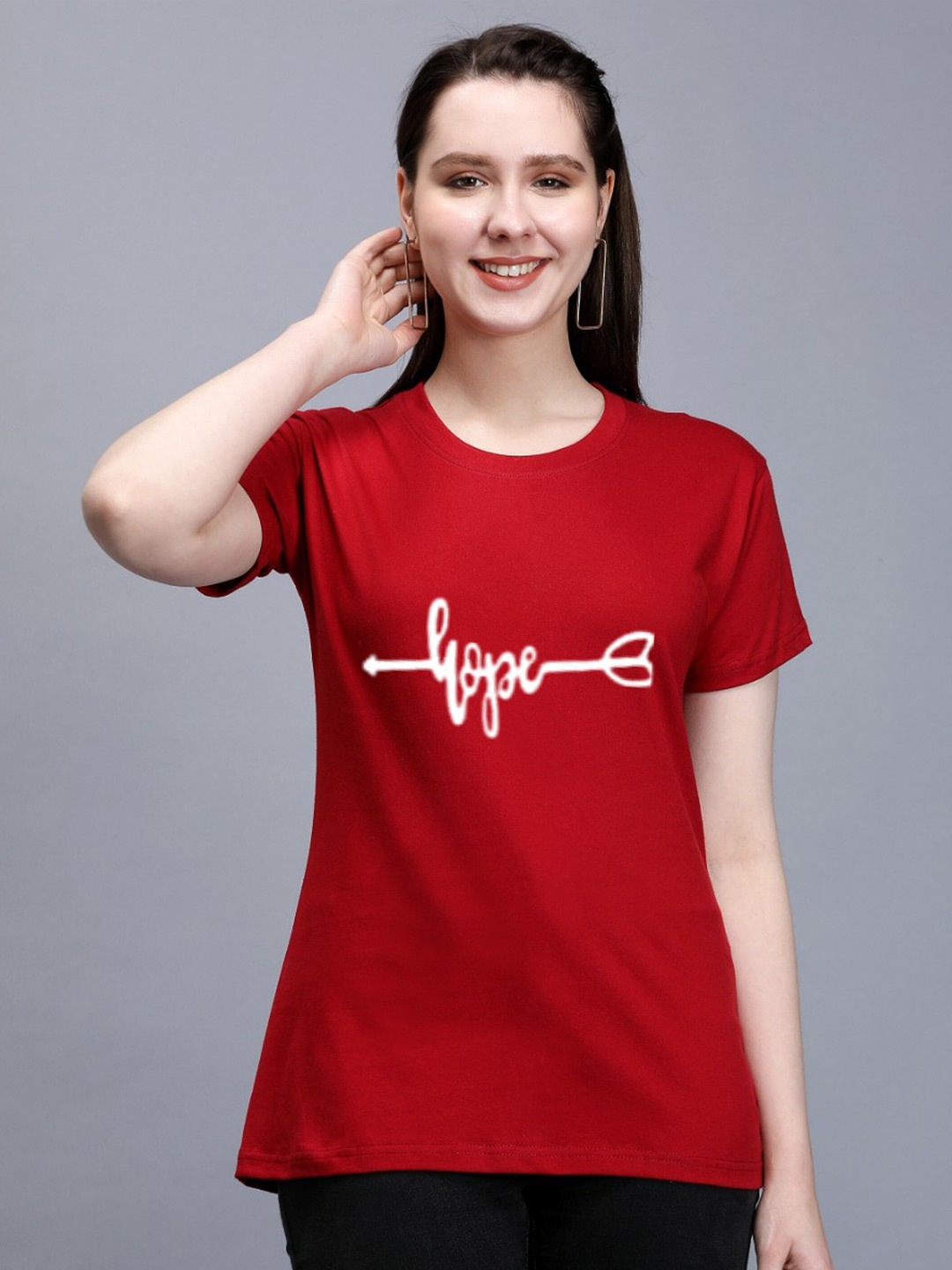 

TRENDY RABBIT Women Typography Printed Cotton T-shirt, Red