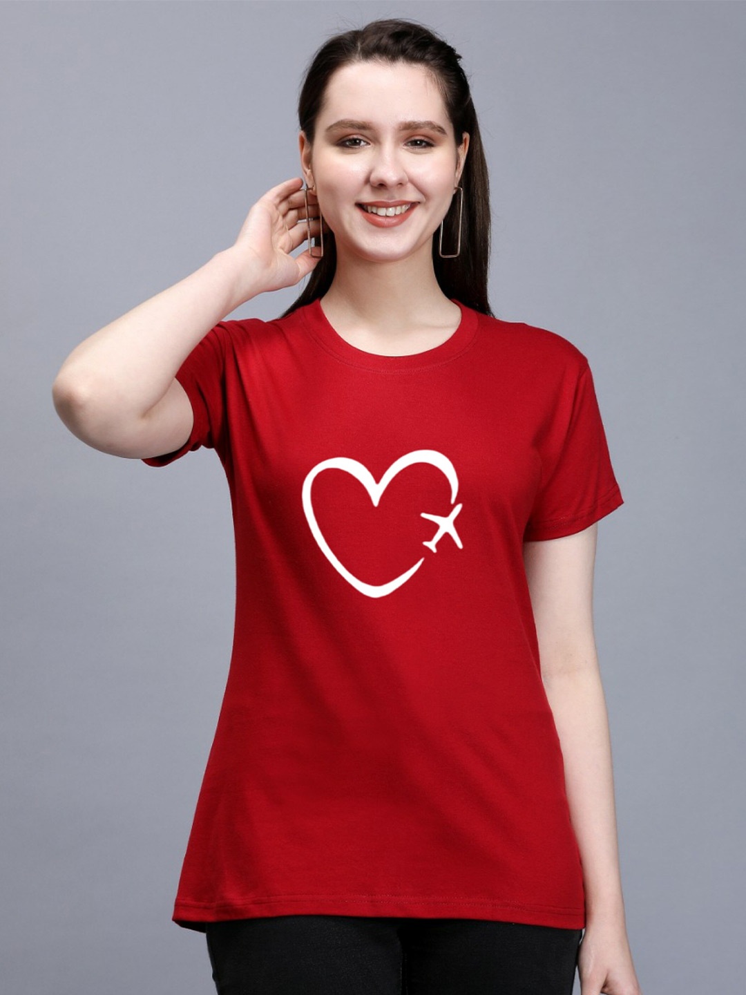 

TRENDY RABBIT Women Round Neck Cotton T-shirt, Red