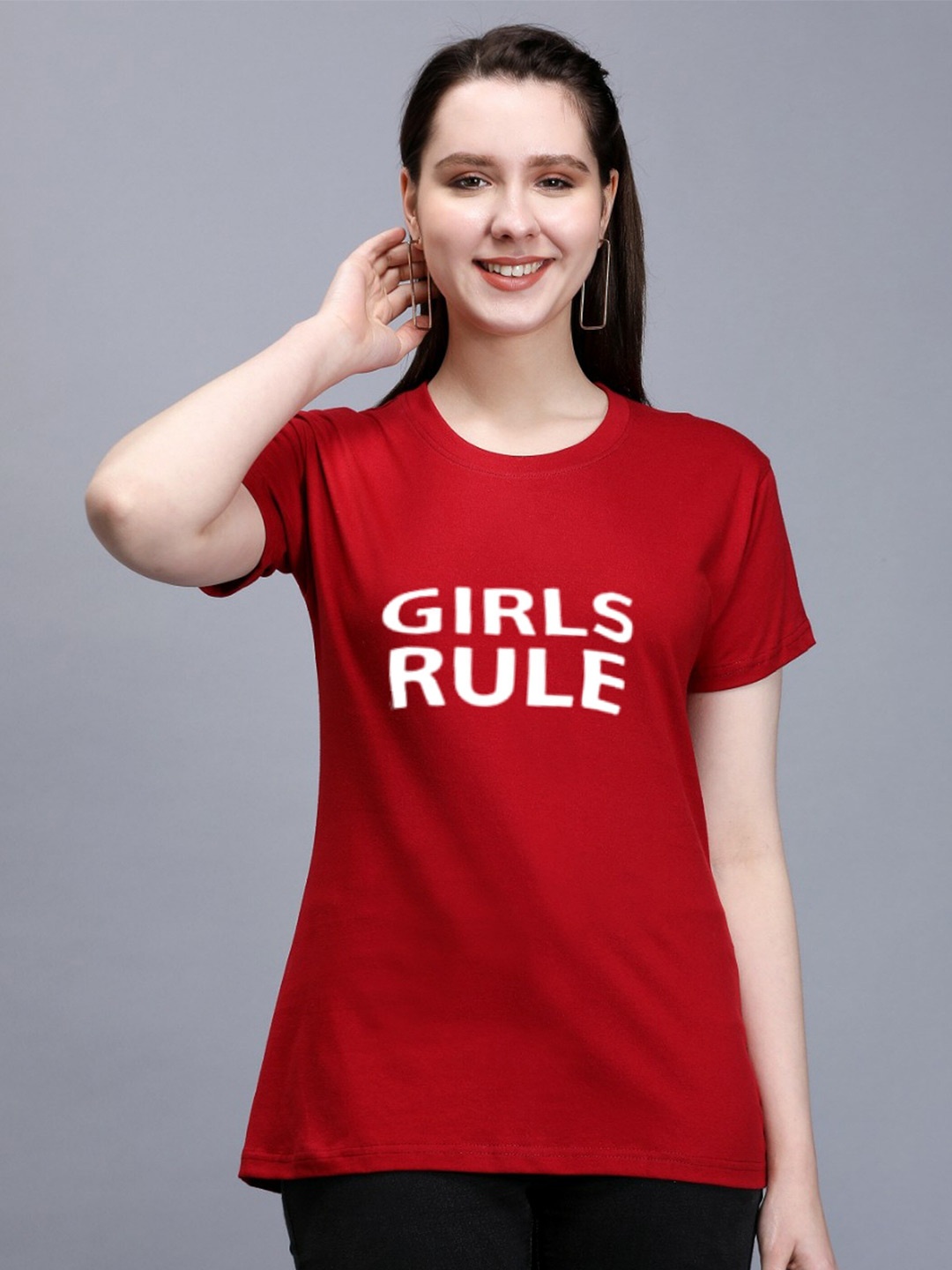

TRENDY RABBIT Women Cotton Typography Printed Round Neck T-shirt, Red