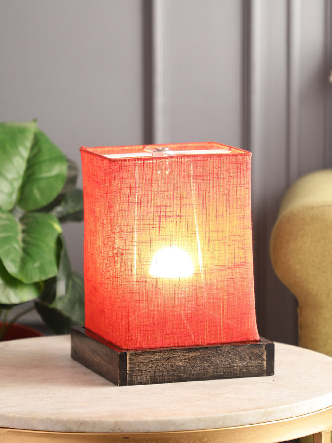 

SANDED EDGE Brown & Red Square Table Lamp With Wooden Base