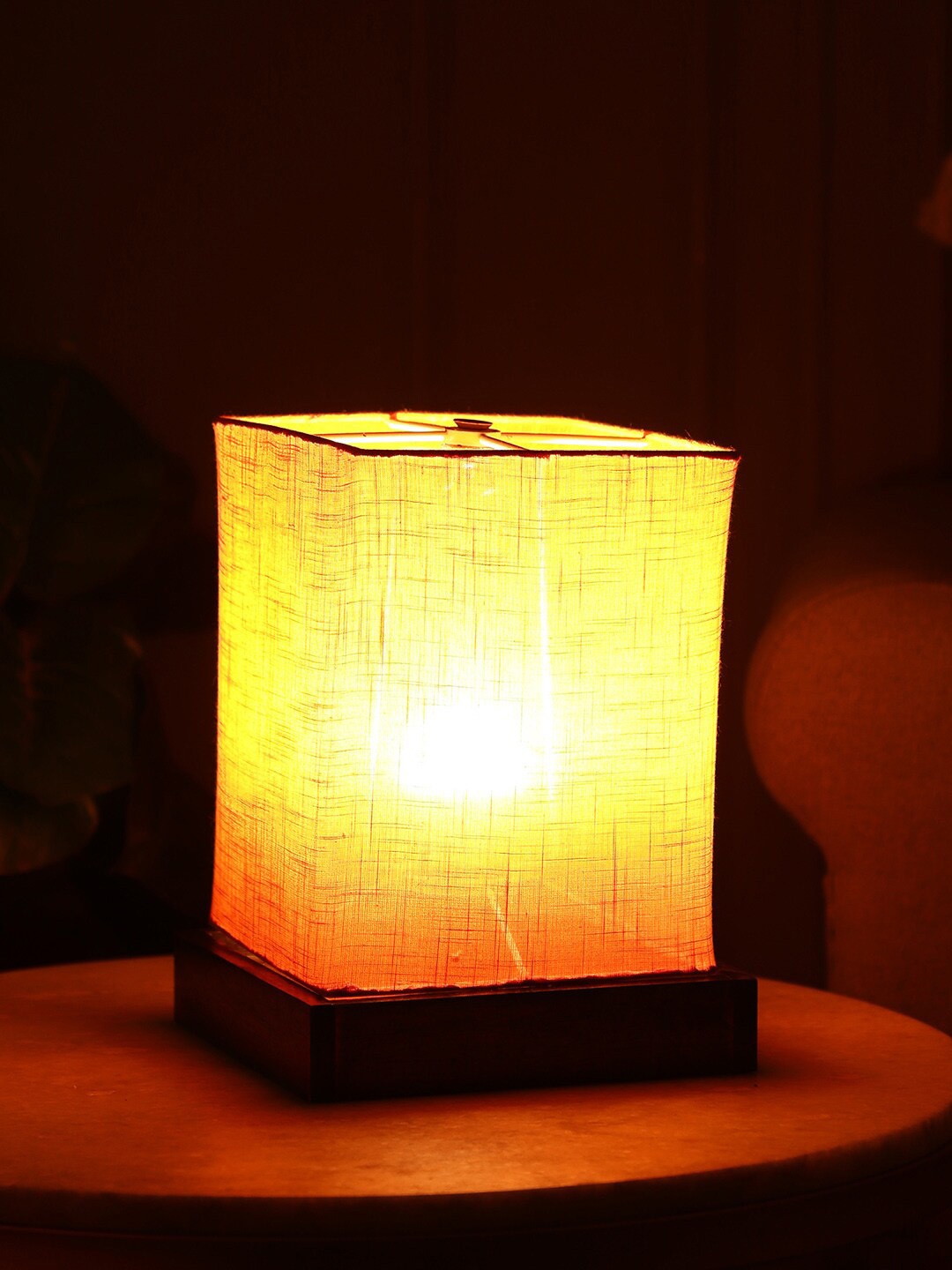 

SANDED EDGE Brown & Orange-Colored Square Table Lamp With Wooden Base