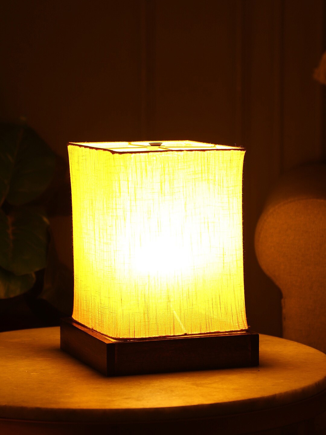 

SANDED EDGE Brown & Yellow Square Table Lamp With Wooden Base