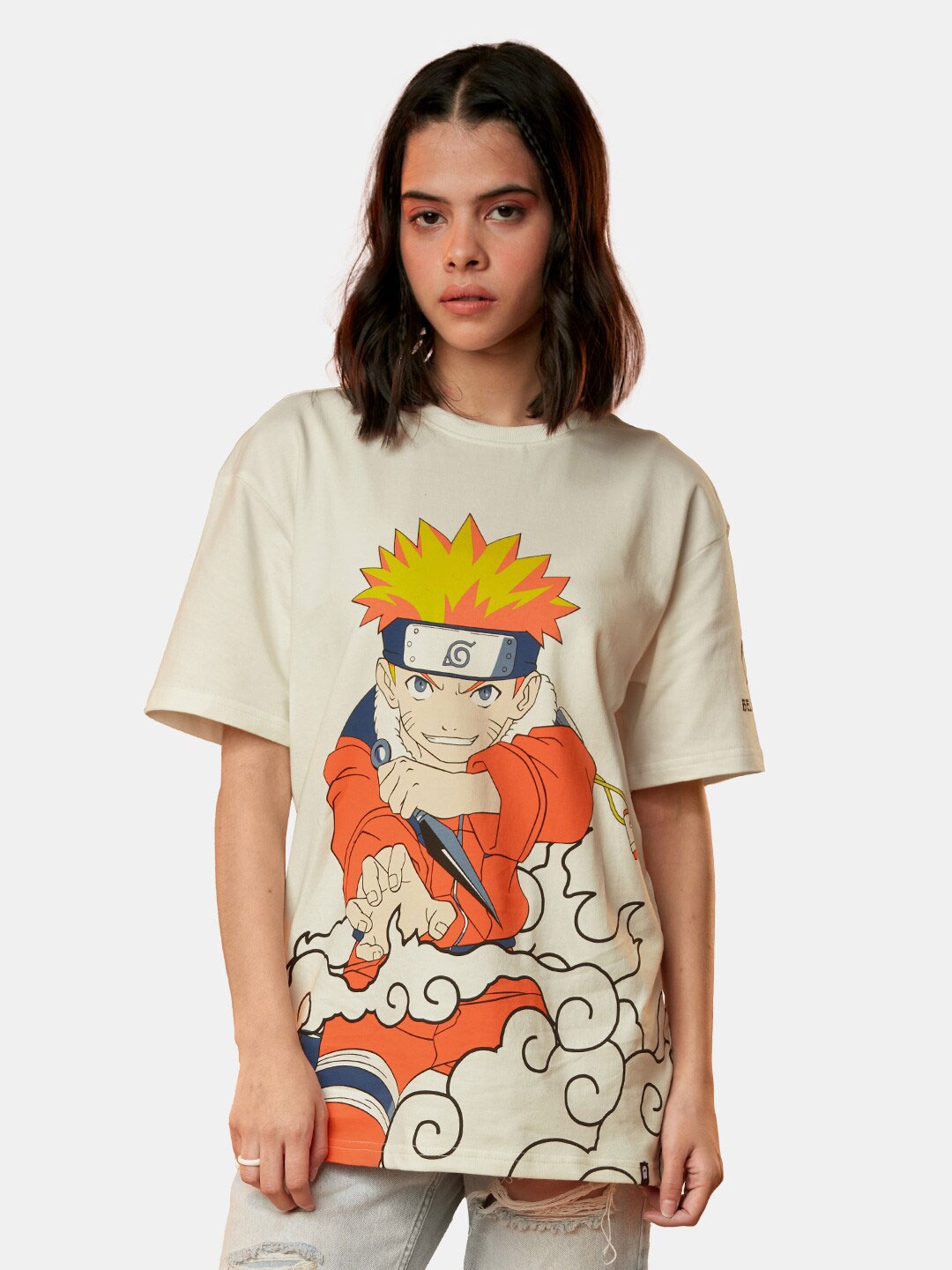 

The Souled Store Women Printed Drop-Shoulder Sleeves Pure Cotton Oversized T-shirt, Off white