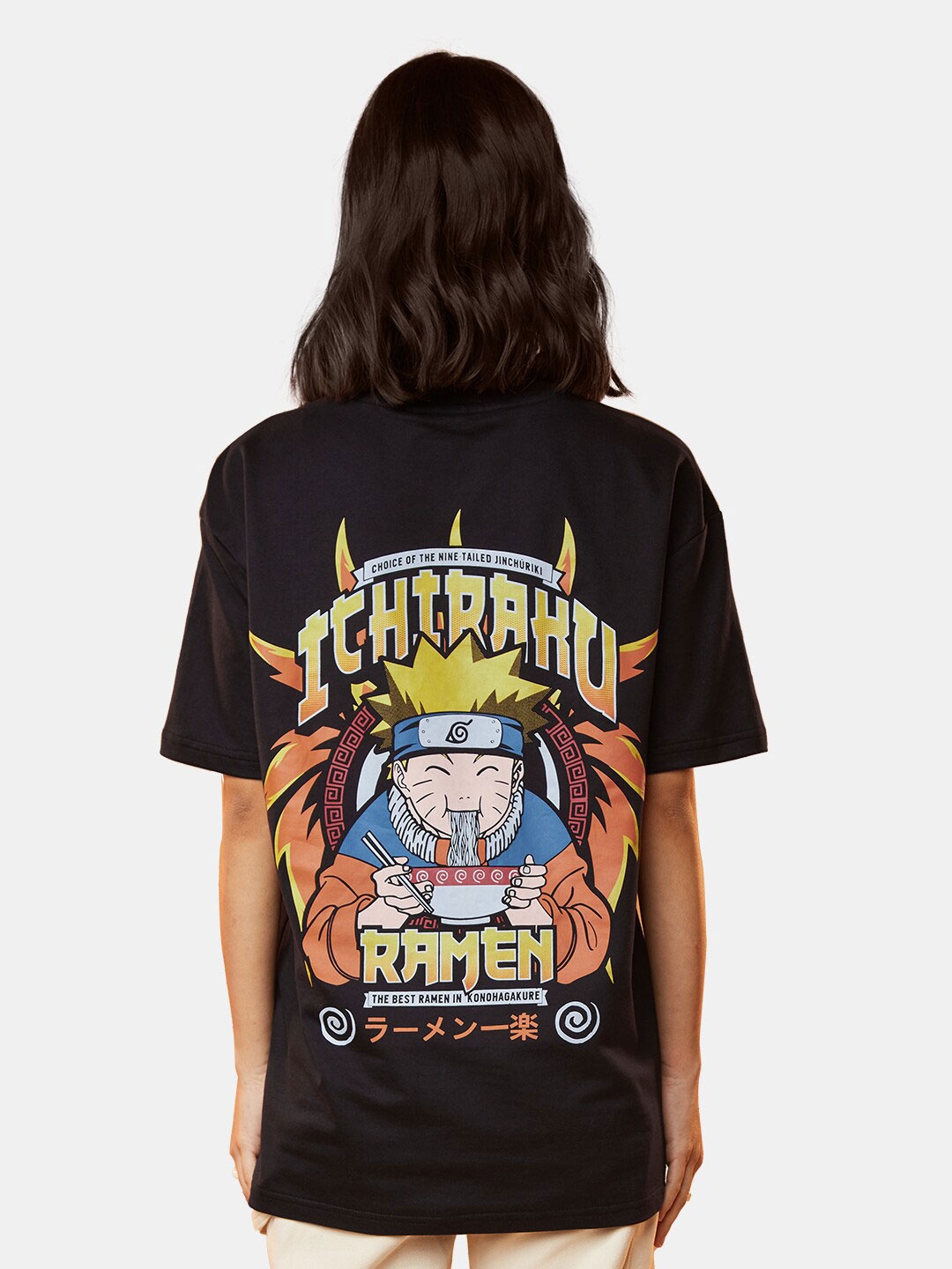 

The Souled Store Women Naruto Printed Drop-Shoulder Sleeves Pure Cotton Loose T-shirt, Black