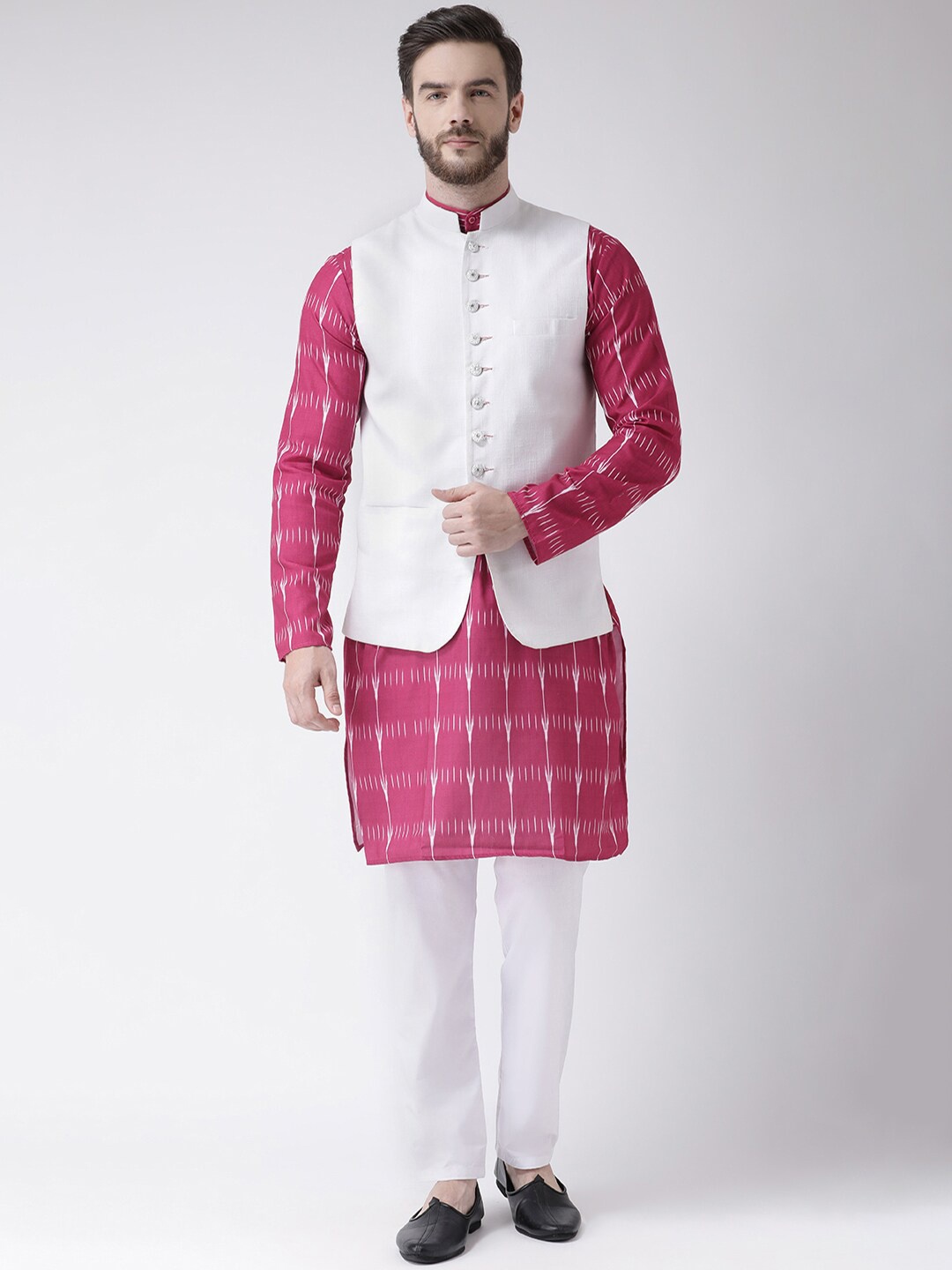 

hangup trend Men Printed Pure Cotton Kurta with Pyjamas & Nehru Jacket, Pink