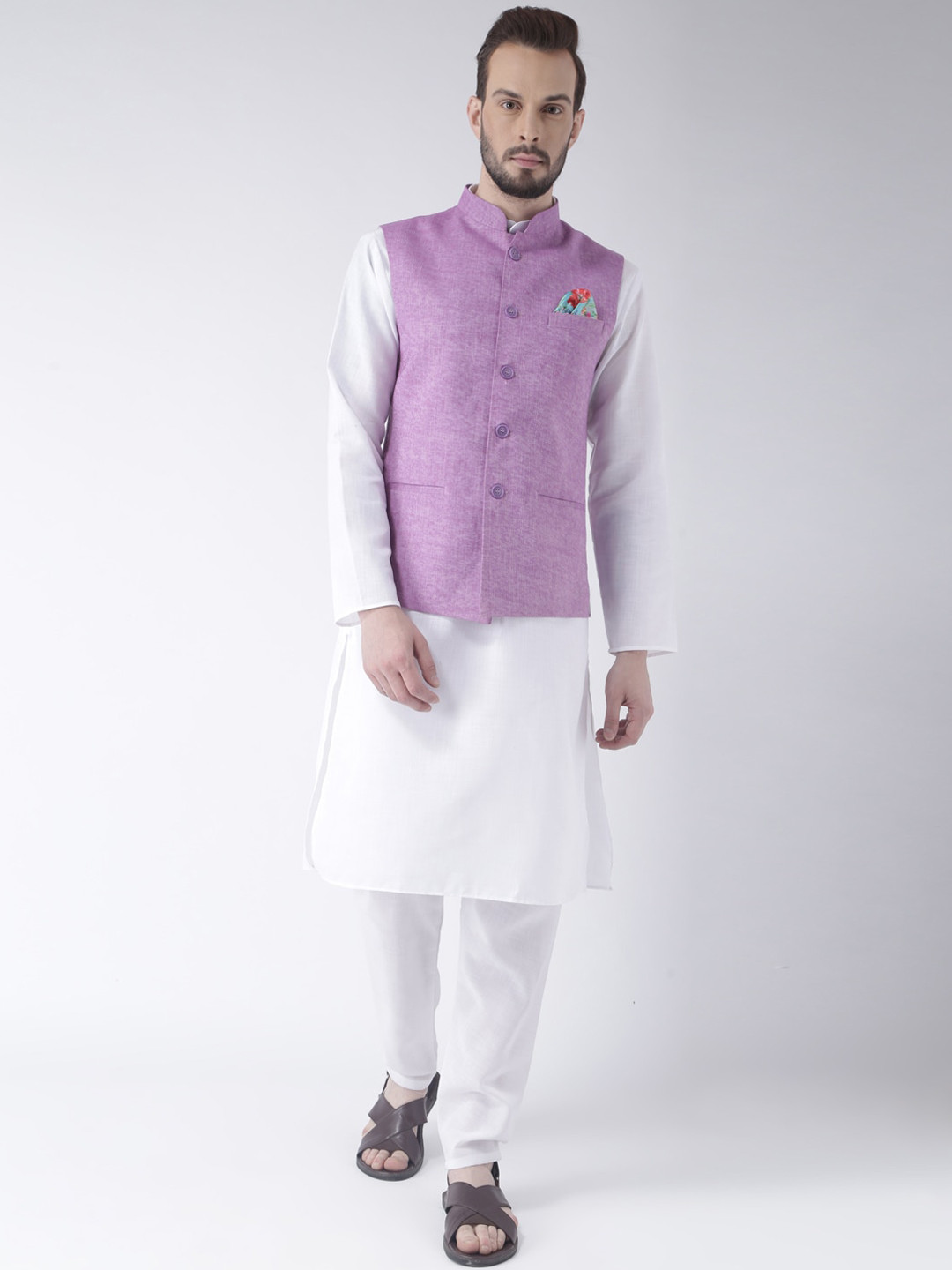 

hangup trend Men Mandarin collar Pure Cotton Kurta with Pyjamas & Nehru Jacket, White