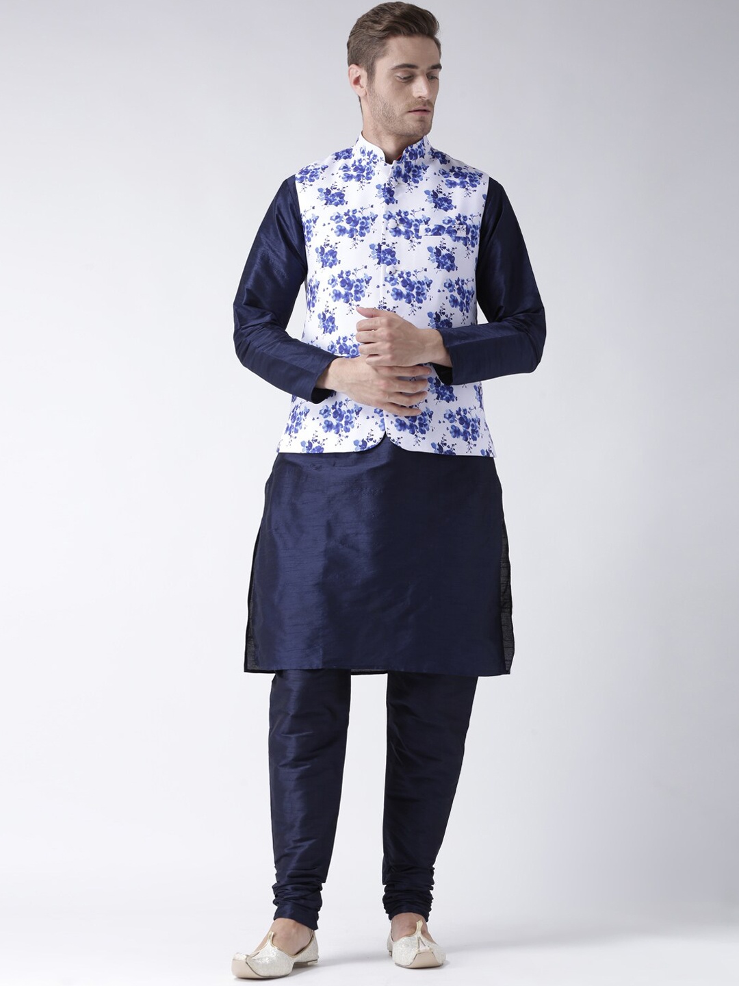 

hangup trend Men Mandarin Collar Kurta with Churidar & Nehru Jacket, Navy blue