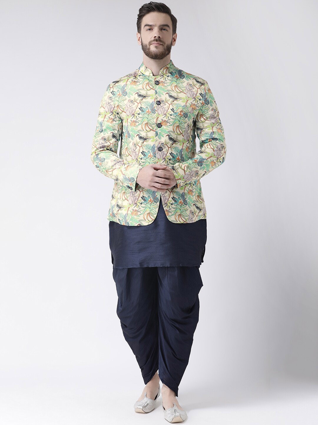 

hangup trend Men Mandarin Collar Kurta with Harem Pant & Jacket, Navy blue