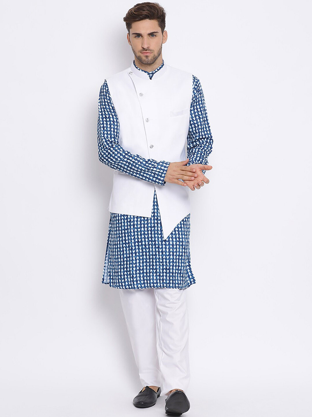 

hangup trend Men Abstract Printed Kurta with Pyjamas & Jacket, Navy blue