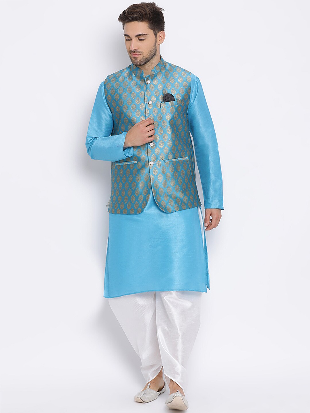

hangup trend Men Mandarin Collar Kurta with Dhoti Pants & Nehru Jacket, Blue