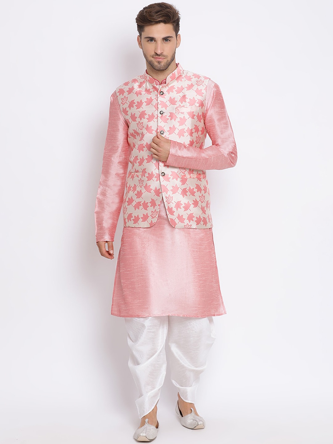 

hangup trend Men Mandarin collar Kurta with Dhoti Pants & Nehru Jacket, Peach