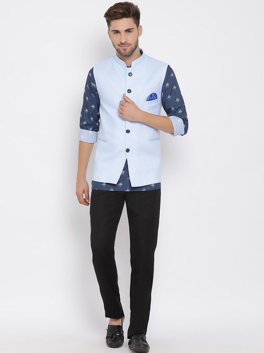 

hangup trend Men Printed Linen Kurta with Trouser, Navy blue