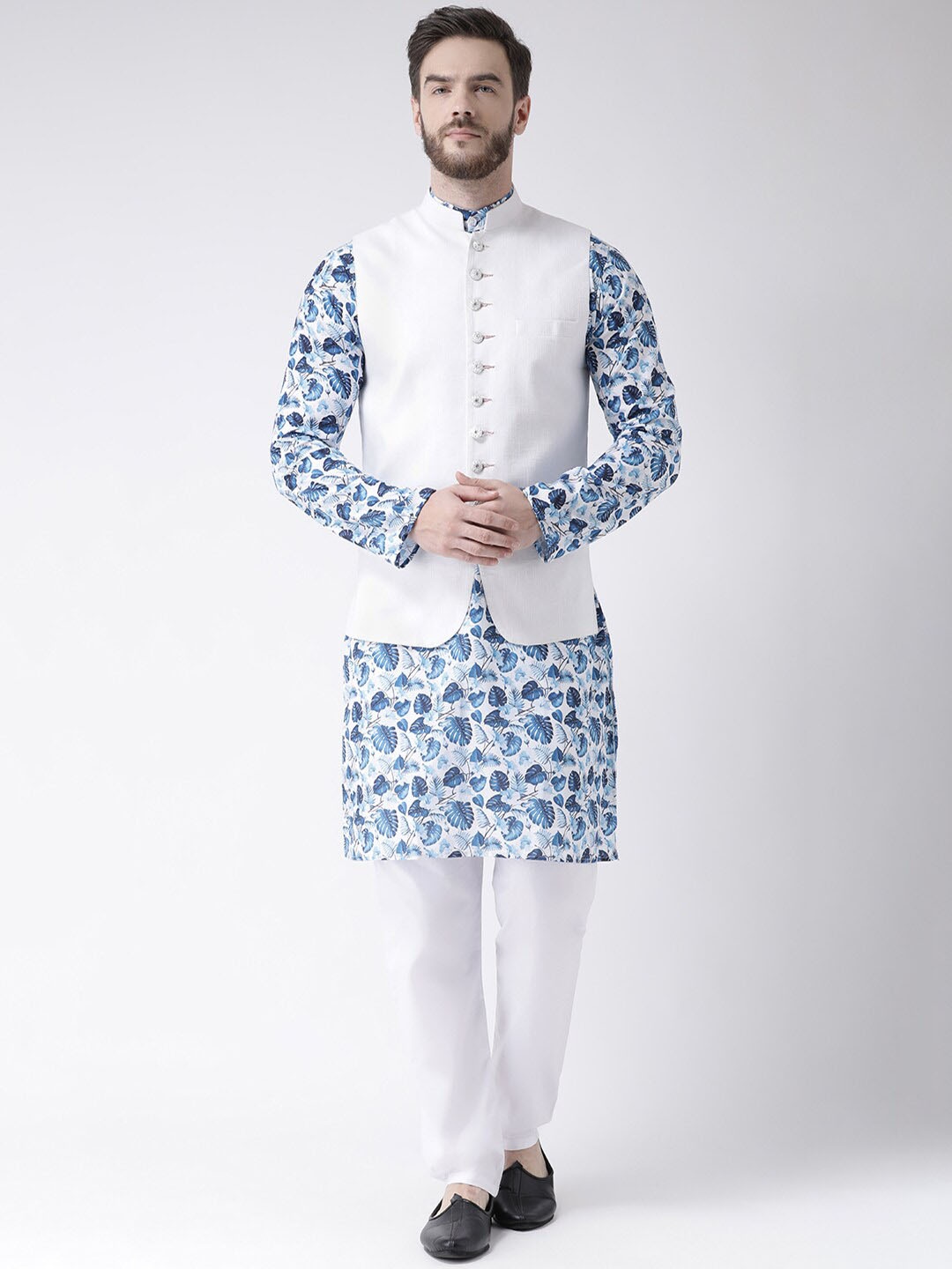 

hangup trend Men Ethnic Motifs Printed Pure Cotton Kurta & Churidar With Nehru Jacket, Blue