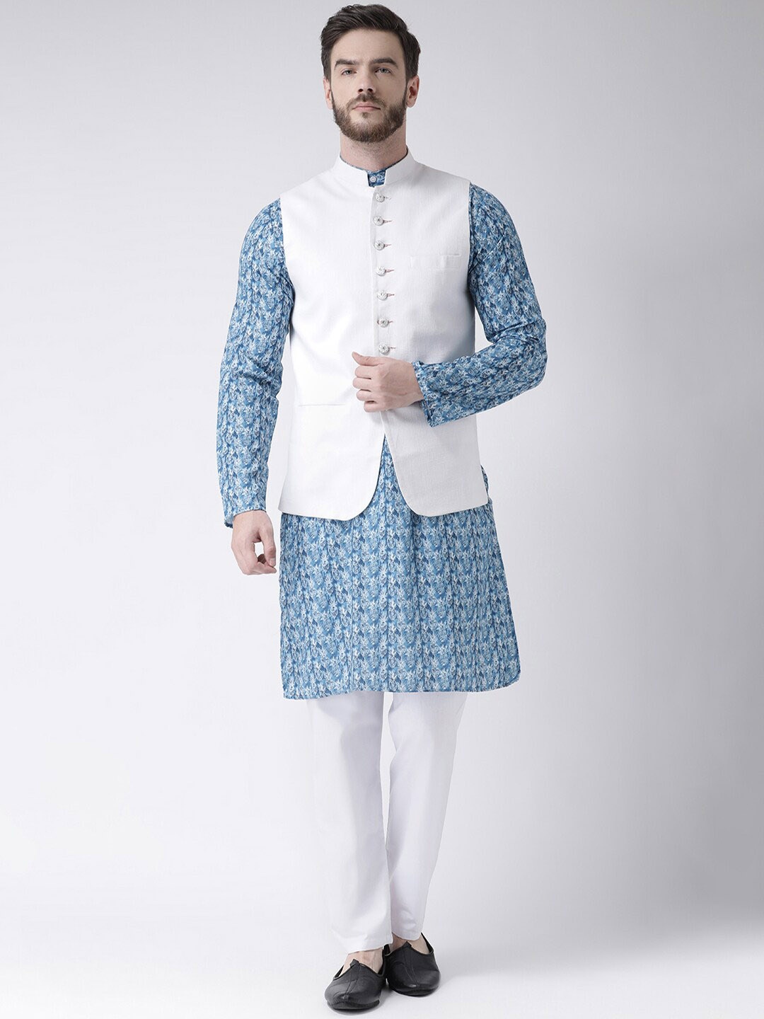 

hangup trend Men Abstract Printed Pure Cotton Kurta with Pyjamas & Nehru Jacket, Blue