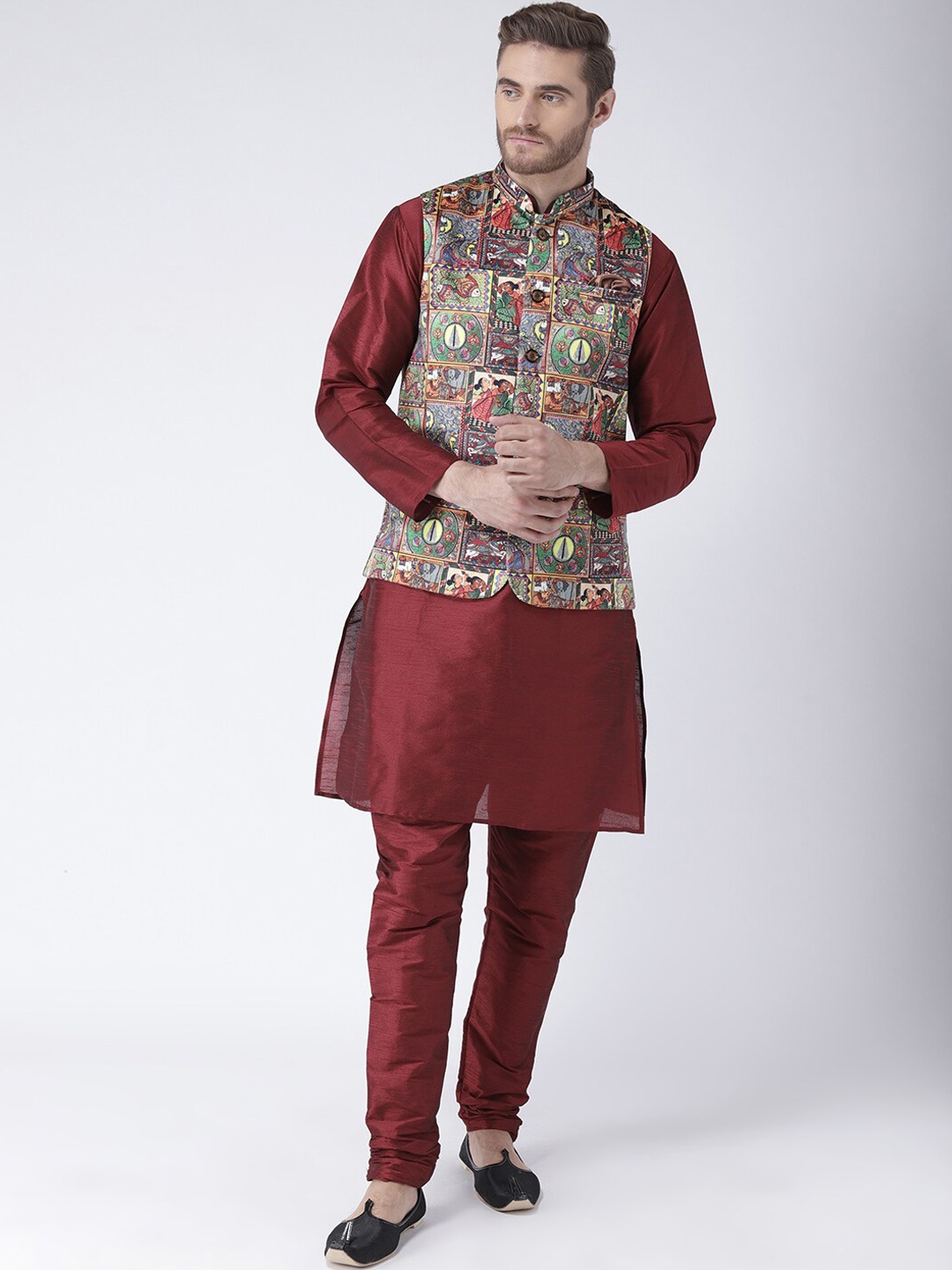 

hangup trend Men Kurta Set With Churidar & Nehru Jacket, Maroon