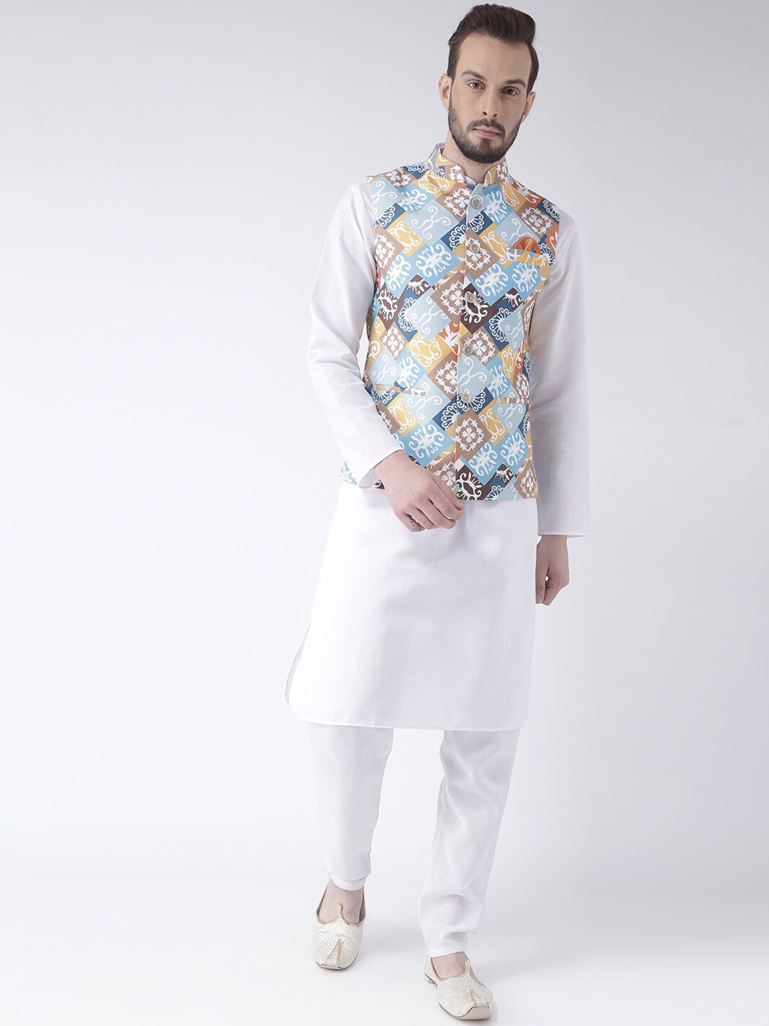 

hangup trend Men Pure Cotton Kurta With Pyjamas & Nehru Jacket, White
