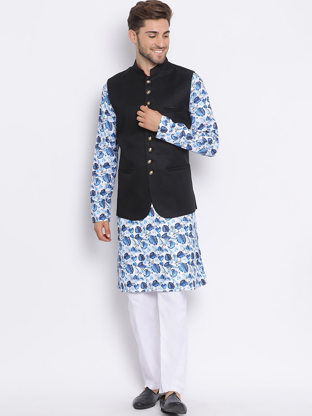 

hangup trend Men Ethnic Motifs Printed Kurta Set With Pyjamas & Nehru Jacket, Blue