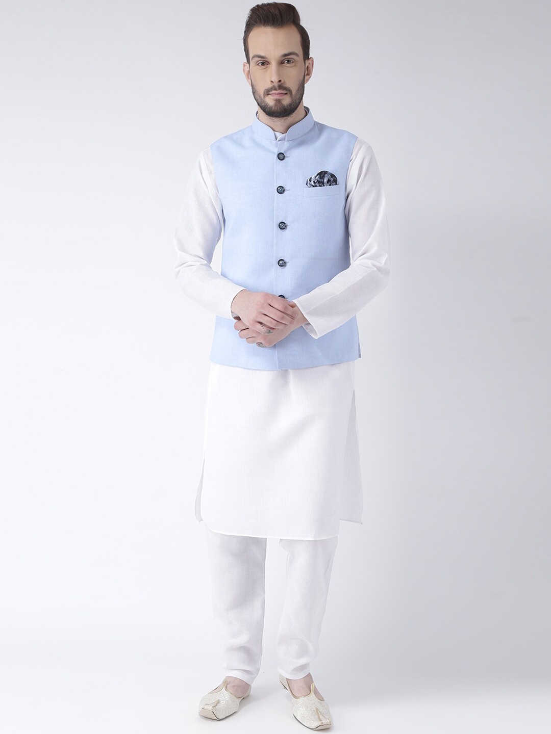 

hangup trend Men Pure Cotton Kurta Set With Pyjamas & Nehru Jacket, White