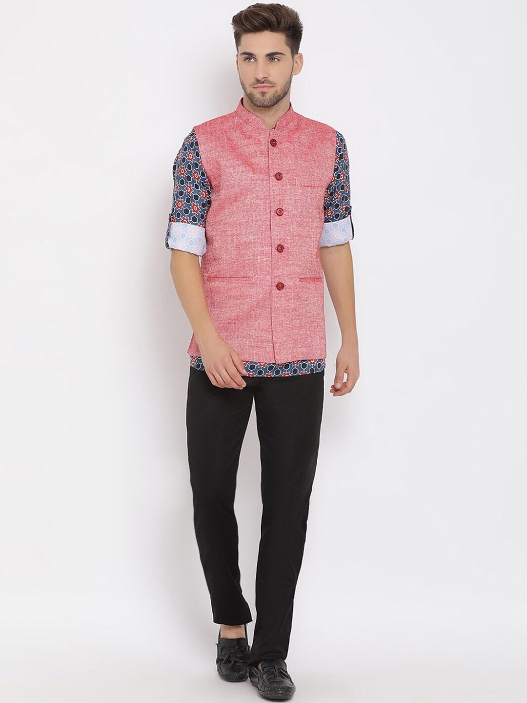 

hangup trend Men Floral Printed Linen Kurta Set With Trousers & Nehru Jacket, Red