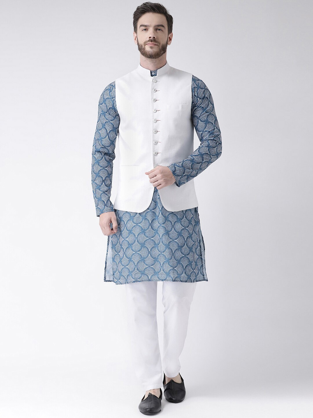

hangup trend Men Printed Pure Cotton Kurta with Pyjamas & Nehru Jacket, Blue