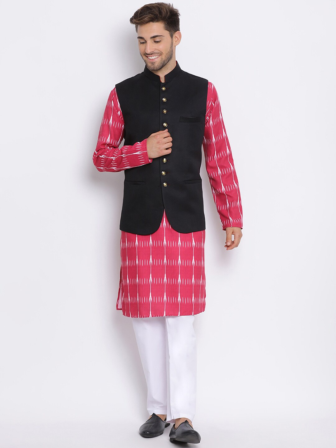 

hangup trend Men Abstract Printed Kurta with Pyjamas & Nehru Jacket, Pink