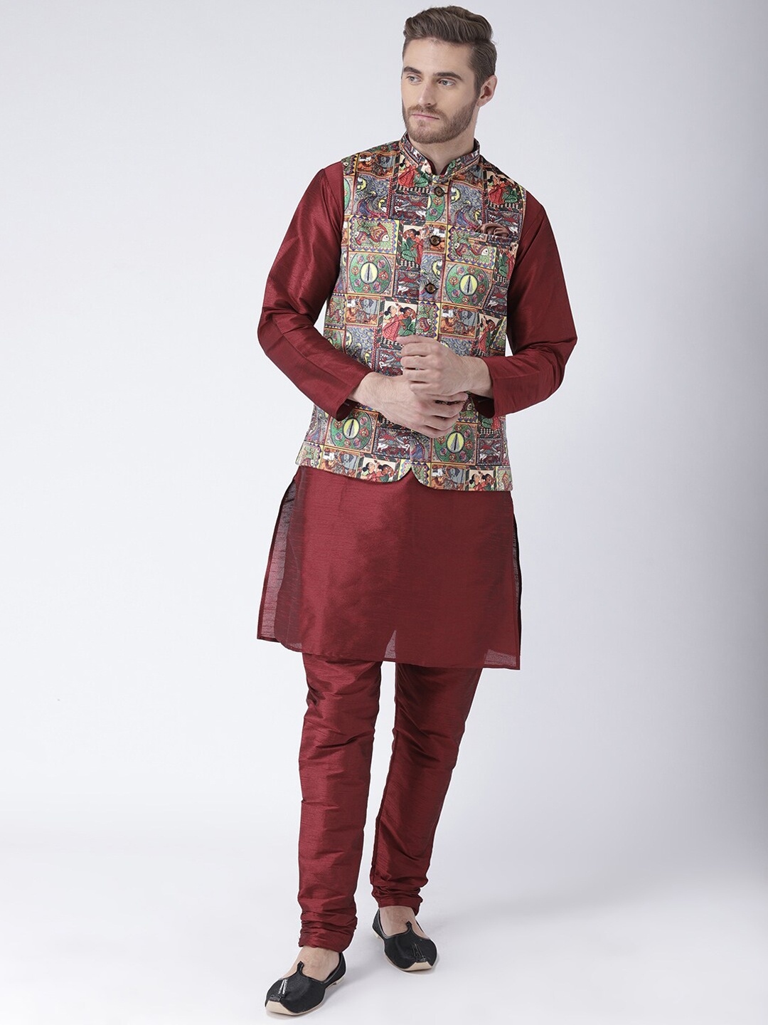 

Hangup Men Maroon Kurta with Churidar & Nehru Jacket