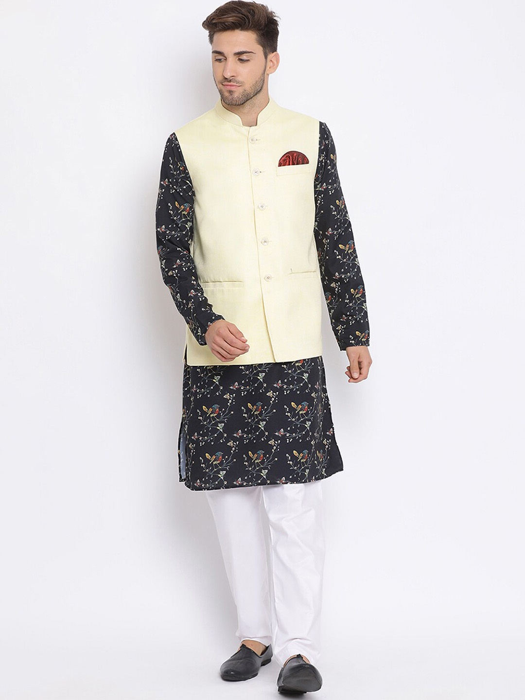 

Hangup Men Floral Printed Kurta with Pyjama, Yellow