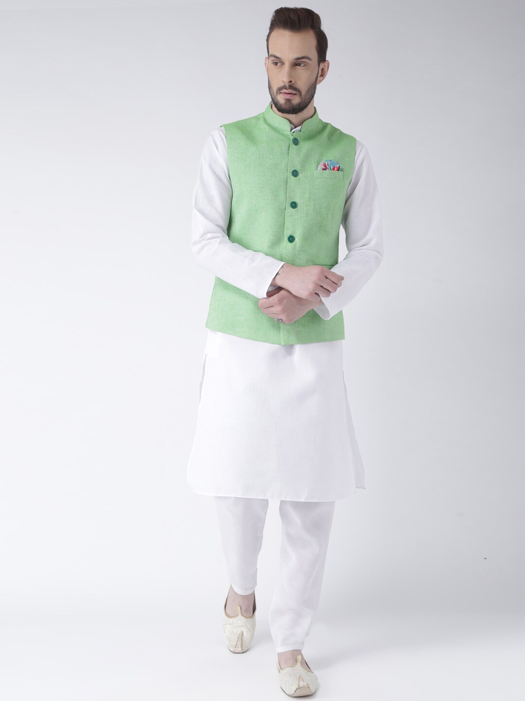 

Hangup Men Pure Cotton Kurta With Pyjamas & Nehru Jacket, White